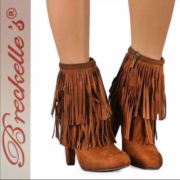 NEW Fringe Booties 8.5 Heeled Cute Brown Tassels - Picture 5 of 5